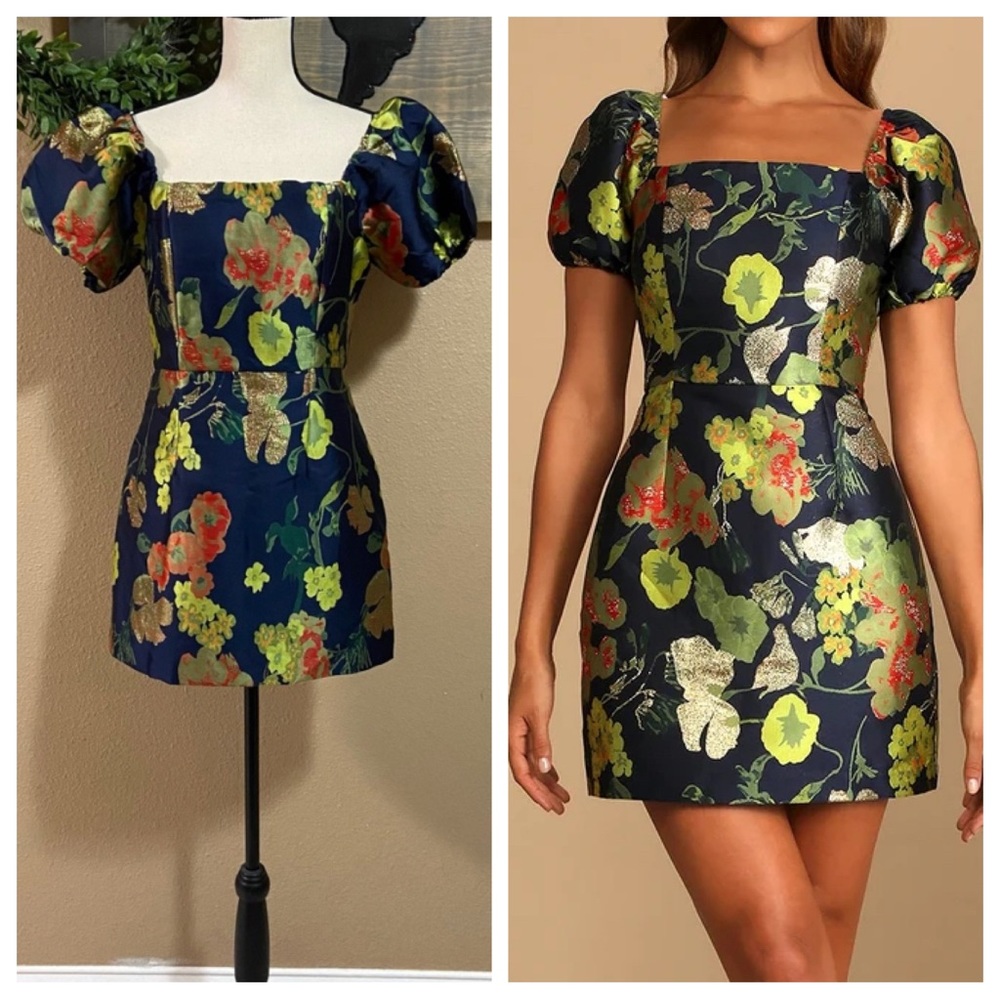 Lulu's Floral Mini Dress in Navy and Gold